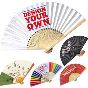 Wholesale Custom Sublimation Printed Large Bamboo Folding Handheld manual hand fan For Wedding Party Rave Festival