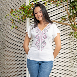 Blusa Versátil Premium de Manga Corta en Tejido Mélange Color Blanco Hueso, Transpirable para Mujer - Product Image 1