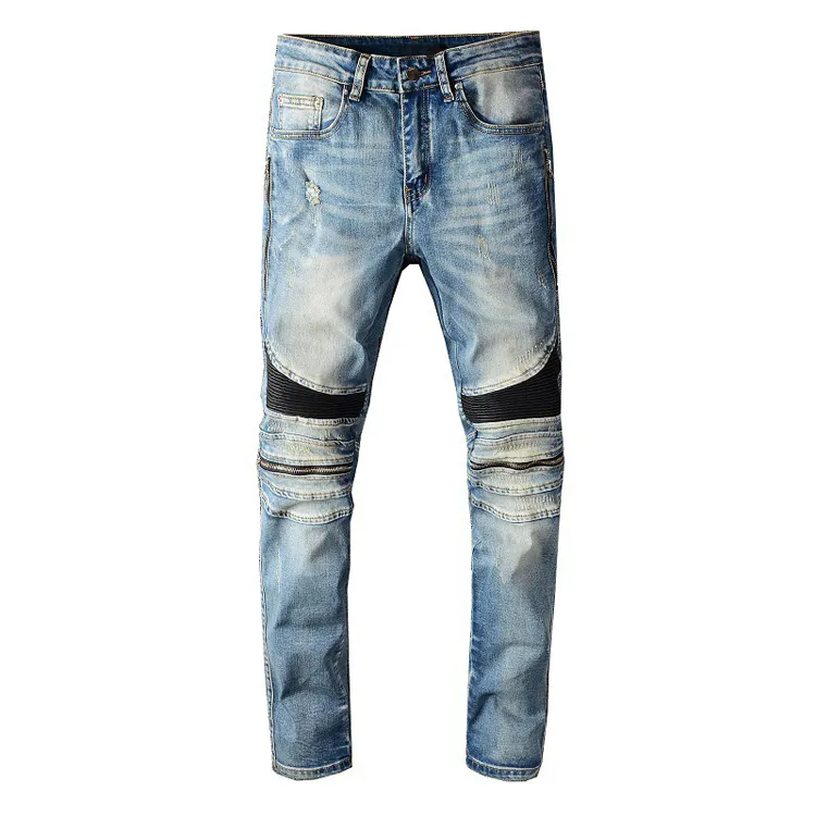 men fashion jeans manufacturer leather biker zip knee pants jeans men