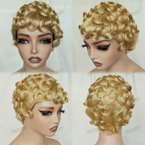 วิกผมสีบลอนด์ยี่ห้อ Kemy Hair สำหรับตัดผมแบบ Remy Virgin <span class=keywords><strong>ท</strong></span>ำจากผมมนุษย์แท้ ไม่ต้องใช้กาว แบบผมหยิกสั้น มีหน้าม้า ความหนาแน่น 200% ผลิตด้วยเครื่องจักร ขายส่งวิกผมเวียดนาม - Product Image 6