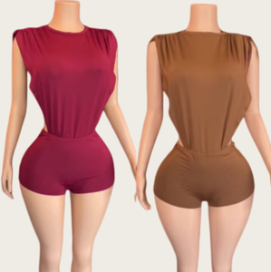 Viviblook J25ST135 Summer Casual Sleeveless One-piece Hollowed Out Sides Bodysuit Tight <b>Shorts</b> 2 Piece Set for <b>Women</b> Outfit - Product Image 1