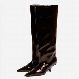 Wide Fit Women's Knee High Boots Ladies Big Size 46 Low Spike Heels Shoes Pointed Toe on Solid Long <b>Booties</b> - Product Image 1