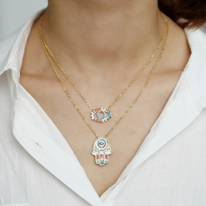 Promozione micro pavimenta cz placcato oro arcobaleno di colore fortunato dei monili turco dell'occhio diabolico della mano di hamsa pendente della <span class=keywords><strong>collana</strong></span> - Product Image 2