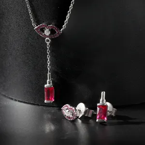 925 Sterling Silver Jewelry Sets for Women Long Drop Wine Glass Lip Necklace and Stud Earrings Jewelry Sets