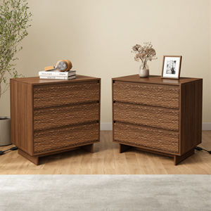 Modern 3-Drawer Wooden Nightstand USB Ports AC Outlets Leaf Texture Relief Large <b>Storage</b> <b>Bedroom</b> Living Room <b>Furniture</b> - Product Image 1