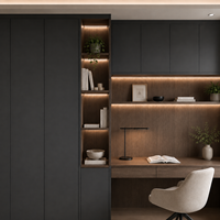Armoires de bureau avec portes en charbon de bois, bureau en bois fumé et rangement sur toute la hauteur