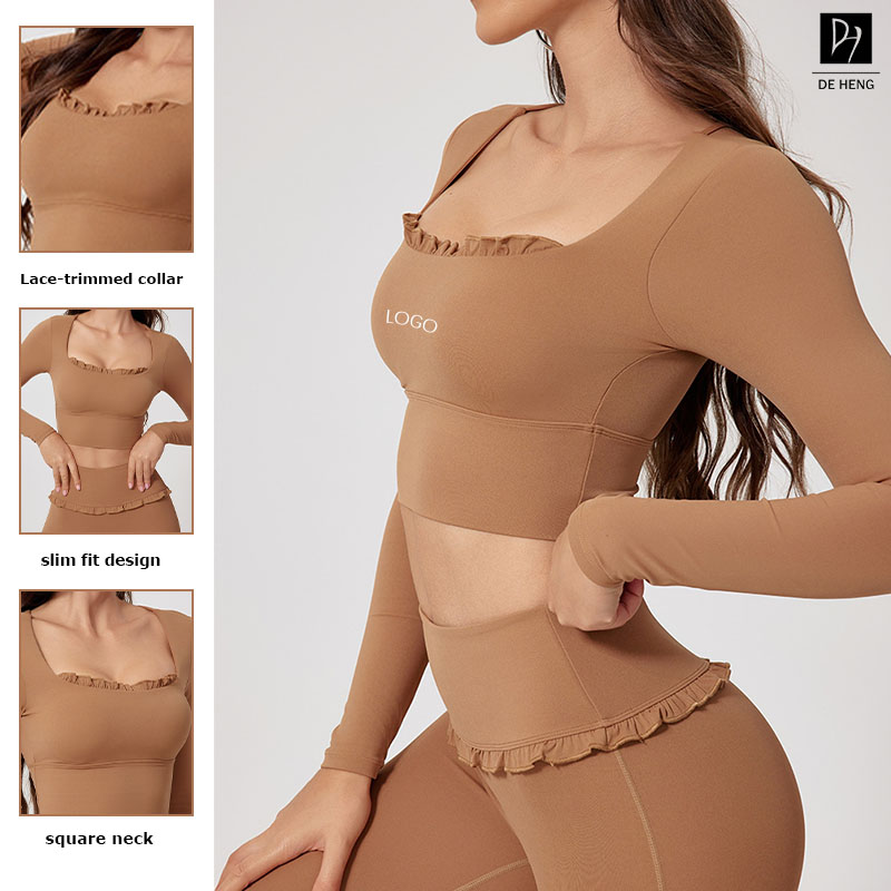 Female Quick Drying Square Neck Frilled Lace Collar Long Sleeve Slim Fit Breathable Workout Outdoor Yoga Crop
