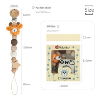 Attache-tétine artisanale en crochet (cerf, lion, lapin, ours, renard, éléphant) avec pochette et boîte – Coffret cadeau en bois pour bébé – Accessoire de chambre d'enfant
