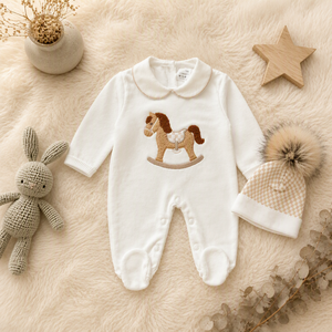 Tutina in cotone KAIYUE per neonati, lavorata a maglia, con ricamo a cavallo a dondolo, tutina intera con colletto Peter Pan e cappello - Product Image 4