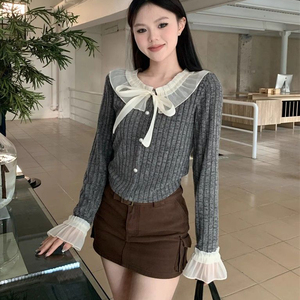 Nuovo Maglione Autunnale Lavorato a <span class=keywords><strong>Maglia</strong></span> <span class=keywords><strong>con</strong></span> Fiocco in <span class=keywords><strong>Pizzo</strong></span>, Pullover a Tinta Unita <span class=keywords><strong>con</strong></span> Colletto alla Peter Pan, Top Sottile da <span class=keywords><strong>Donna</strong></span> - Product Image 5