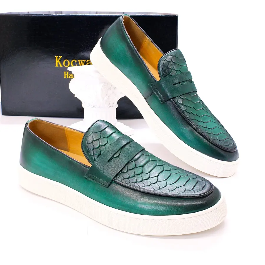 Luxury Crocodile Print Genuine Cow Leather Loafers Slip on Men Shoes Handmade Patina Green Color Casual Shoes With Big Size 50