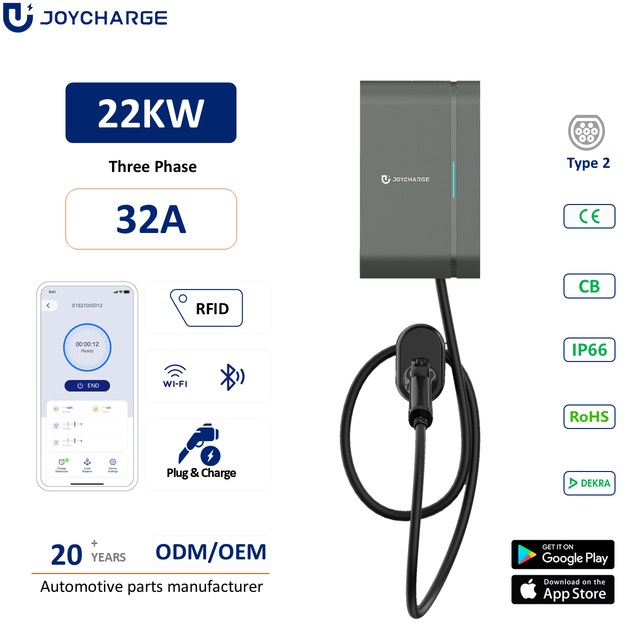 22kW Type 2 EV Charging Station APP Control Smart Wallbox 32A 3 Phase with RFID Card OCPP 1.6J IP66 Smart Meter Optional
