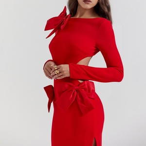 Robe longue rouge vif avec nœud, tenue de soirée élégante et accrocheuse, prête pour le tapis rouge, robes de soirée sur mesure - Product Image 2