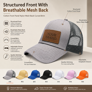Casquette de baseball personnalisée en coton avec empiècement en nylon et <span class=keywords><strong>patch</strong></span> en cuir, étiquette tissée, broderie – Fournisseur en gros - Product Image 4