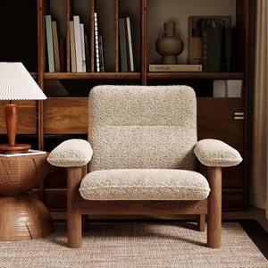 Hotel Lounge Chair Solid Wood Oak Cream Lamb Wool Upholstery Indoor Study Room Chair - Product Image 2