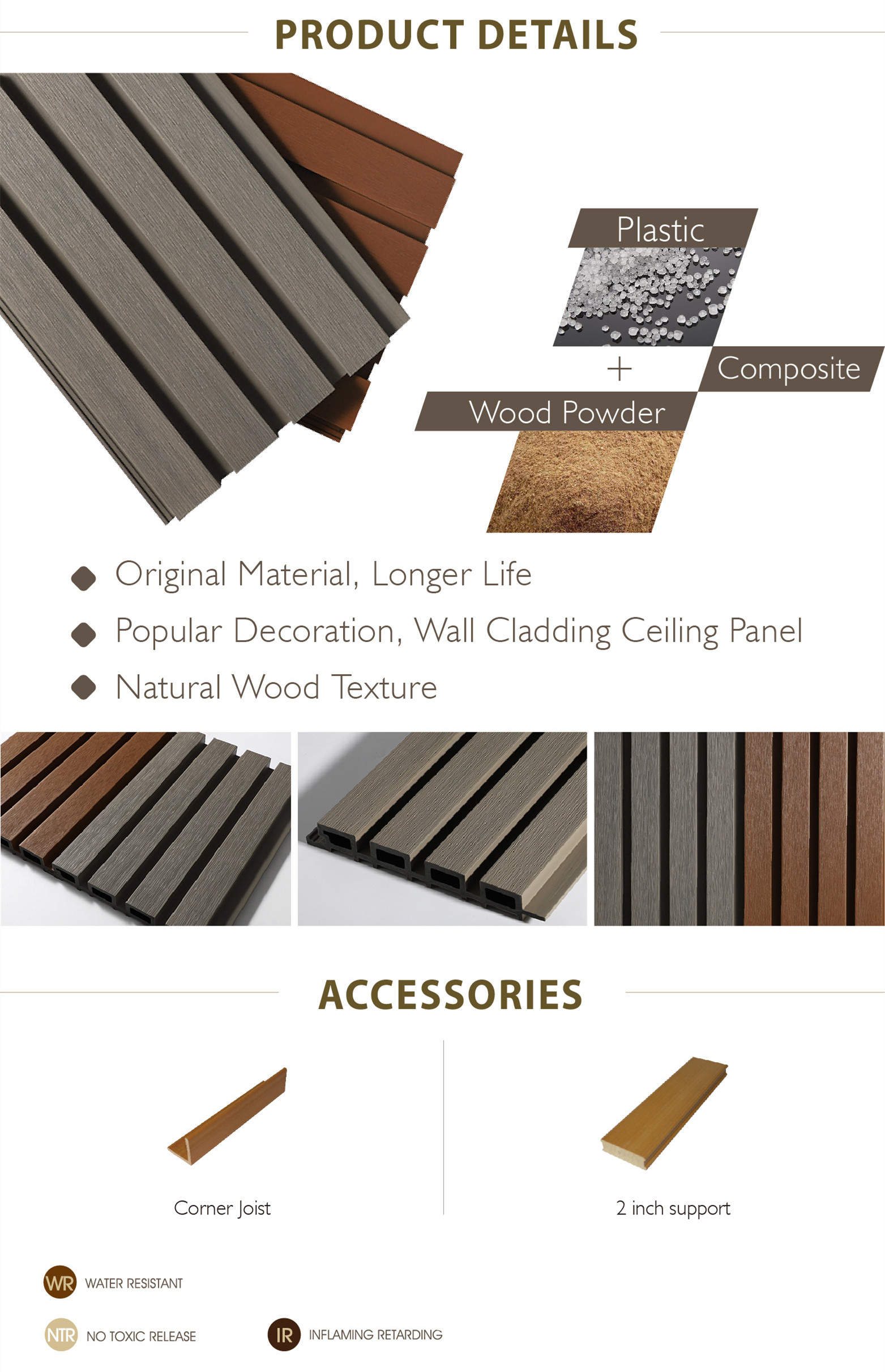 Waterproof Plastic Wood Composite 219x26x2900 WPC Exterior Wall Panel Wall Cladding
