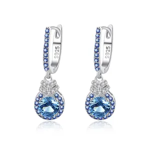 2023 hot style custom fine jewelry S925 sterling silver rhodium plated zirconia sky blue gemstone hoop earrings