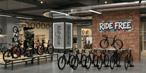 Table de présentation en <span class=keywords><strong>bois</strong></span> et métal pour magasin de vélos de montagne Kainice, présentoir personnalisé pour boutique de vente au détail - Product Image 2