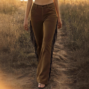 <span class=keywords><strong>Pantalon</strong></span> décontracté coupe bootcut en <span class=keywords><strong>velours</strong></span> suédé vintage à franges style western pour <span class=keywords><strong>femme</strong></span>, modèle transfrontalier Europe-Amérique, très demandé - Product Image 2