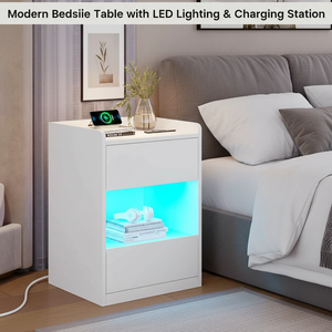 Mesita <span class=keywords><strong>de</strong></span> <span class=keywords><strong>Noche</strong></span> Blanca con Iluminación LED <span class=keywords><strong>y</strong></span> Estación <span class=keywords><strong>de</strong></span> Carga, Moderna Mesita <span class=keywords><strong>de</strong></span> <span class=keywords><strong>Noche</strong></span> con 2 Cajones <span class=keywords><strong>y</strong></span> 1 Compartimento para Dormitorio - Product Image 5