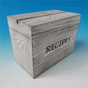 Custom Flip Top Retro Vintage White Washed Cheap Grey Wooden Recipe Card Box With Cards And Dividers Wholesale