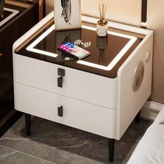 Smart Minimalist Solid Wood Bedside Table with Wireless Charging, Lighting, Bluetooth Speaker and Fingerprint Lock