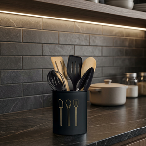 Porte-ustensiles de cuisine cylindrique minimaliste en métal noir, support de rangement pour comptoir - Product Image 5