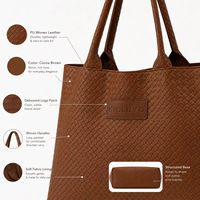 Tas Tote Kulit PU Anyaman Coklat Grosir untuk Wanita, Tas Selempang Kapasitas Besar, Tas Belanja Logo Kustom, Pabrik OEM ODM