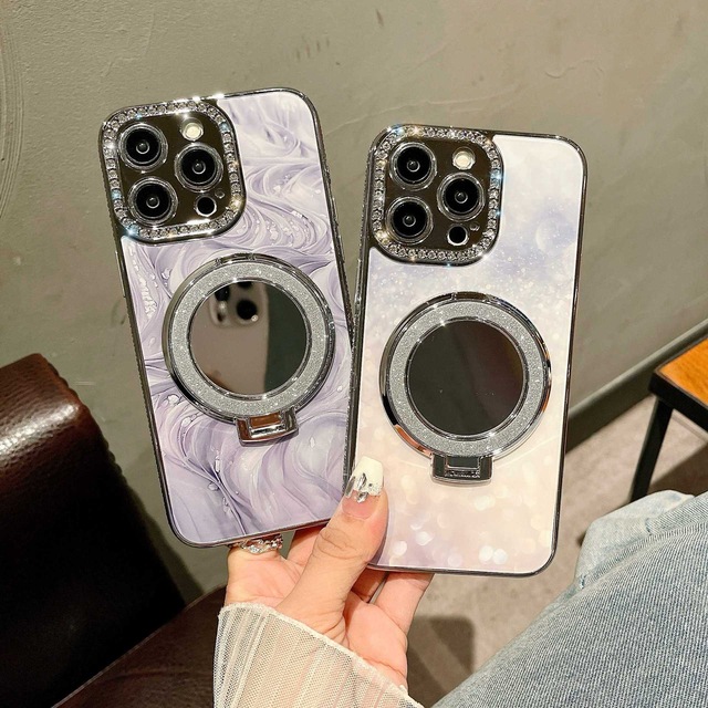 New Creative Electroplated Glitter Magnetic Mirror Holder Phone Case for iPhone 16 Pro Max 15 14 13 Pro Max