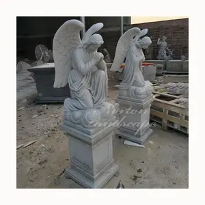 Decorazione del giardino a grandezza naturale scultura di pietra di marmo bianco alato angelo figurine statua scultura