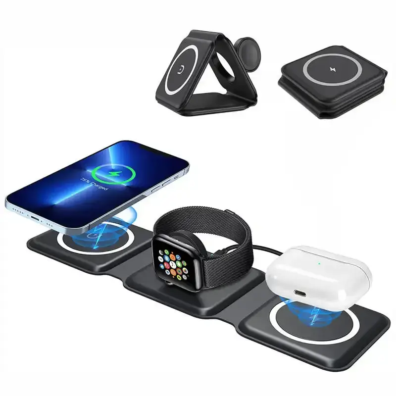 LDNIO portable fold 3 in 1 Qi wireless magnetic phone charger stand for iphone foldable wireless charger for apple fast charging