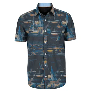 Wholesale Custom Men's New Fashion Casual Shirt Button Up Silk Retro Print Short Sleeve Satin Button-Up stain shirt Designs