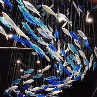 Lustre d'aquarium en forme de banc de poissons rectangulaire personnalisé, art lumineux créatif pour le bureau et le hall d'hôtel, luminaires suspendus en verre