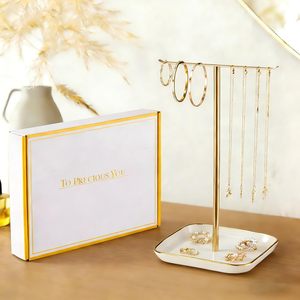 Josmimic Jewelry Holder Stand With <b>Ceramic</b> Base Gold Finish T Shape Necklace Bracelet Organizer For Women Girls Modern Design - Product Image 5