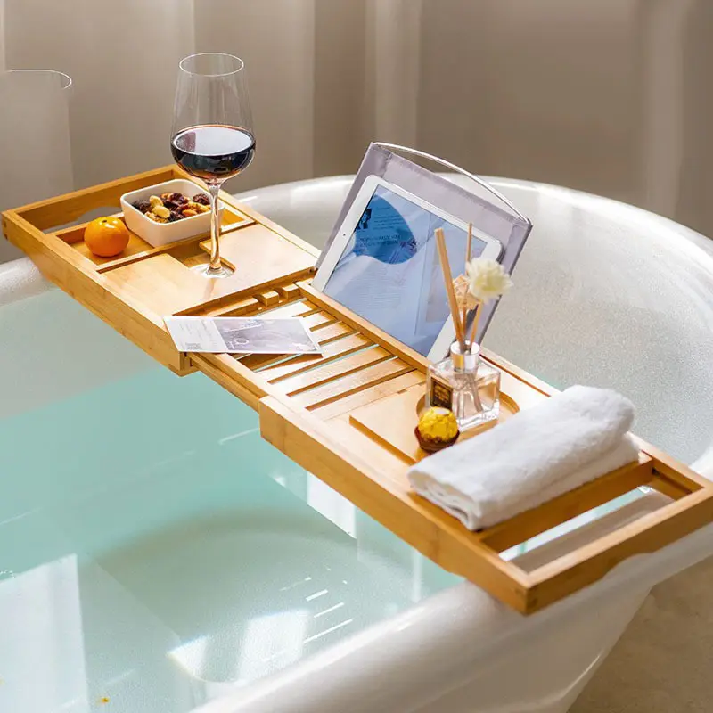 Premium Eco-friendly Bathroom Accessories Extendable Arms And Adjustable Legs Bamboo Adjustable Bathtub Tray