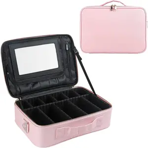 PU皮革化妆包化妆工具储物带可调节隔层粉色中号旅行美容包
