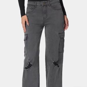 Jeans Cargo de Cintura Baja con Bolsillos Laterales, Estilo Nuevo, de Algodón, Desgastados, para Mujer - Product Image 1