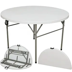โต๊ะ4FT ทรงกลมพับได้พลาสติก HDPE สำหรับงานหนักโต๊ะทรงกลมแบบพกพาโต๊ะรับประทานอาหารในร่มกลางแจ้ง