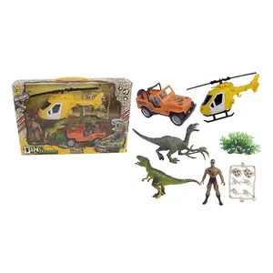 侏罗纪恐龙主题人物玩具套装塑料迷你恐龙雕像，带军用直升机，适合儿童使用