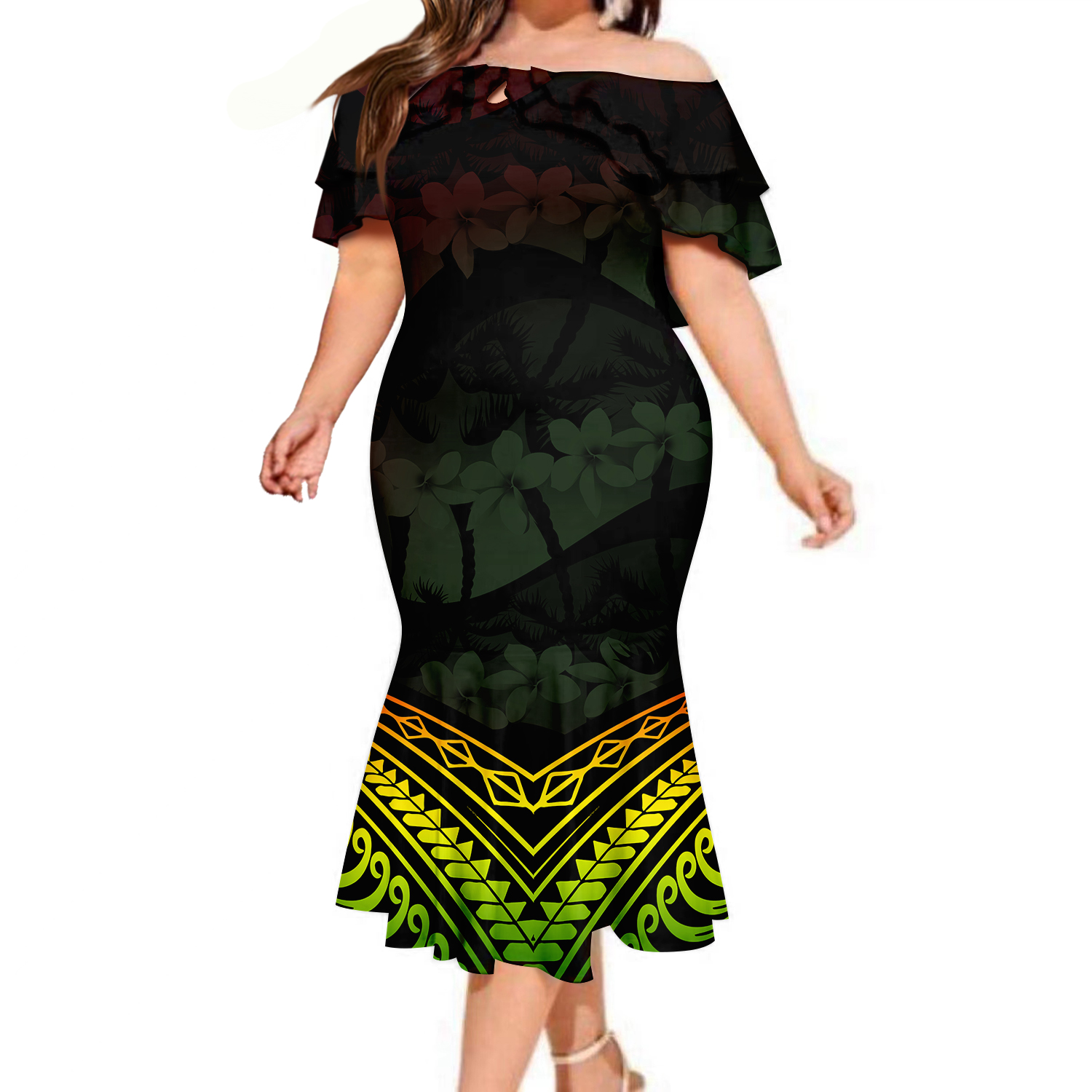 2023 Latest Design Big Size Bodycon Fishtail Dresses Hawaii Tribal Printed  Polynesian Women Clothing Double Layered Ruffle Dress