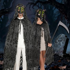 YUIQPKJX Grim Reaper Costume Black Tattered Cape With Hood Gothic Goat Mask Halloween Robe For Adults Unisex - Product Image 5