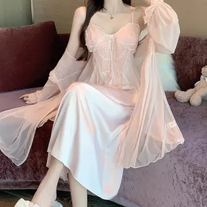Fairy wind pajamas women spring and autumn ice silk sexy with chest pad sweet pure wind halter nightdress gown two sets