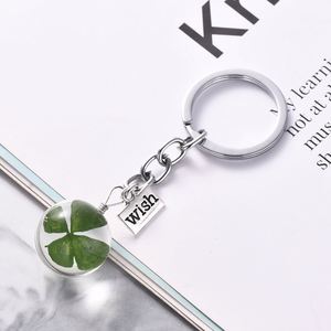 Dried Green Four Leaf Keychain Clover in Glass Ball Keychain Bag Charm Lucky Trinkets Key Chains Jewelry St Patricks Day Gift