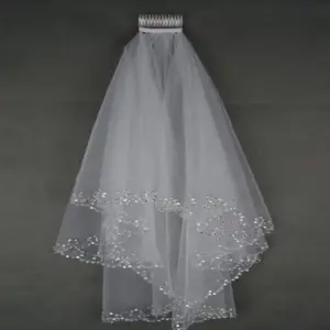 热卖短结婚面纱2层手工串珠边缘白色象牙女人新娘面纱配梳子结婚饰品