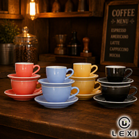 Ensemble de tasses et soucoupes à café en céramique multicolores vibrantes, idéal pour servir des expressos, des cappuccinos ou des lattes dans les cafés, à la maison ou en cadeau