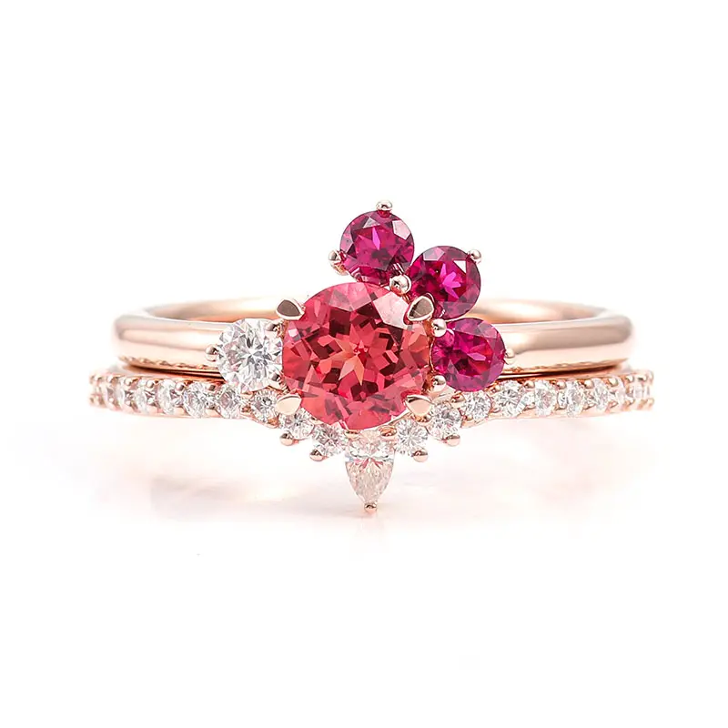 Cluster Orange Sapphire Moissanite Bridal Ring Set In Rose Gold Ruby Engagement Ring For Women