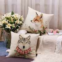 Housse de coussin Noël animaux aquarelle Loup Ours Écureuil Renard Thème Noël Ferme Décoration Maison