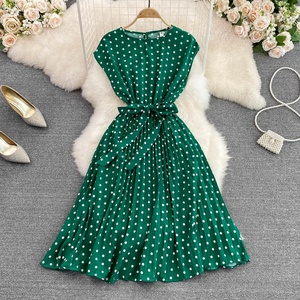 Thời Trang Mới Mùa Hè Bound Cổ Không Tay Eo Tie Bow A-Line Pleated Polka Dot Dress Phụ Nữ - Product Image 6
