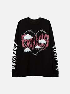 เสื้อยืดแขนยาวสีดำพิมพ์ลายหัวใจลวดหนามและเมฆ คอกลม ทรงหลวม ใส่ได้ทั้งชายและหญิง ทุกฤดูกาล - Product Image 1