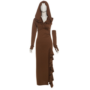 Nuovo Abito Autunnale da Donna, Monocolore, Aderente, Vita Alta, Alla Moda, con Cappuccio, Maniche Lunghe <span class=keywords><strong>e</strong></span> Spacco - Product Image 5